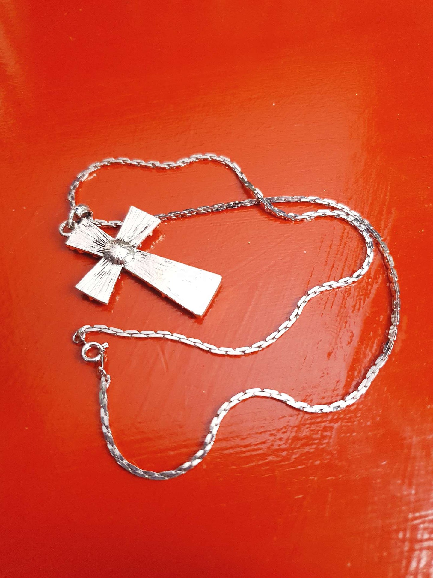 1980s Vintage Blue Rhinestone Cross Boho Necklace Pendant 18" Turquoise