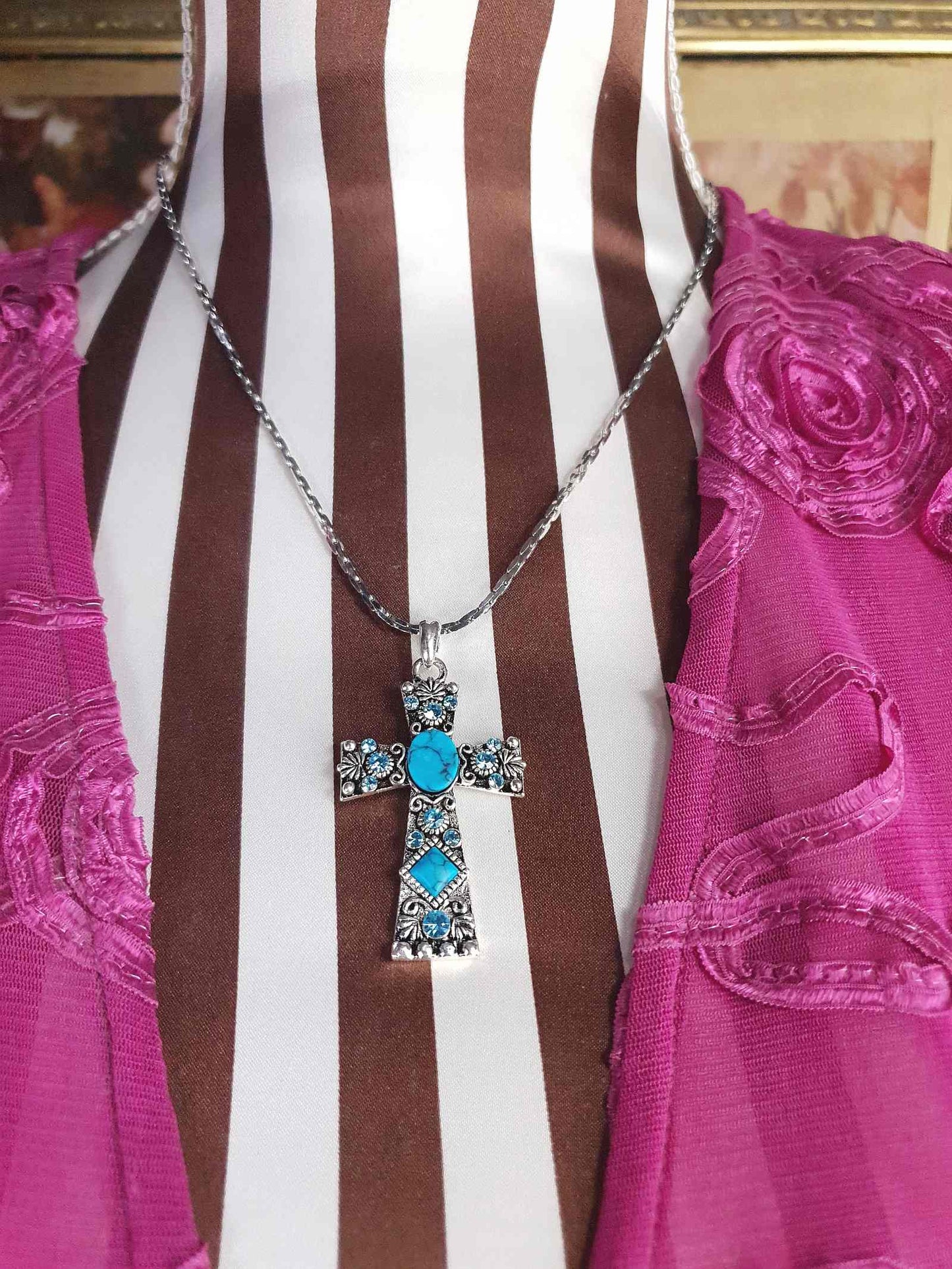 1980s Vintage Blue Rhinestone Cross Boho Necklace Pendant 18" Turquoise