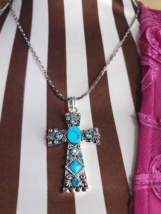 1980s Vintage Blue Rhinestone Cross Boho Necklace Pendant 18" Turquoise