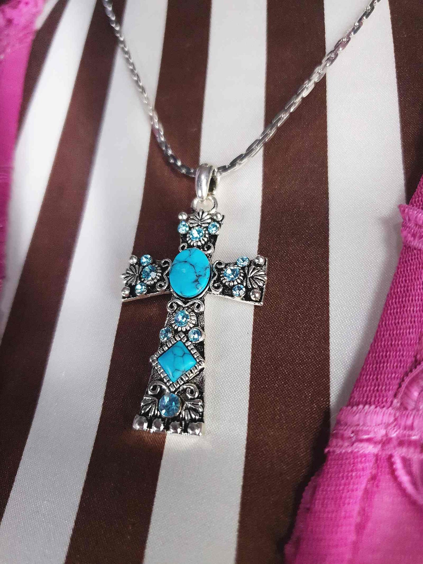 1980s Vintage Blue Rhinestone Cross Boho Necklace Pendant 18" Turquoise
