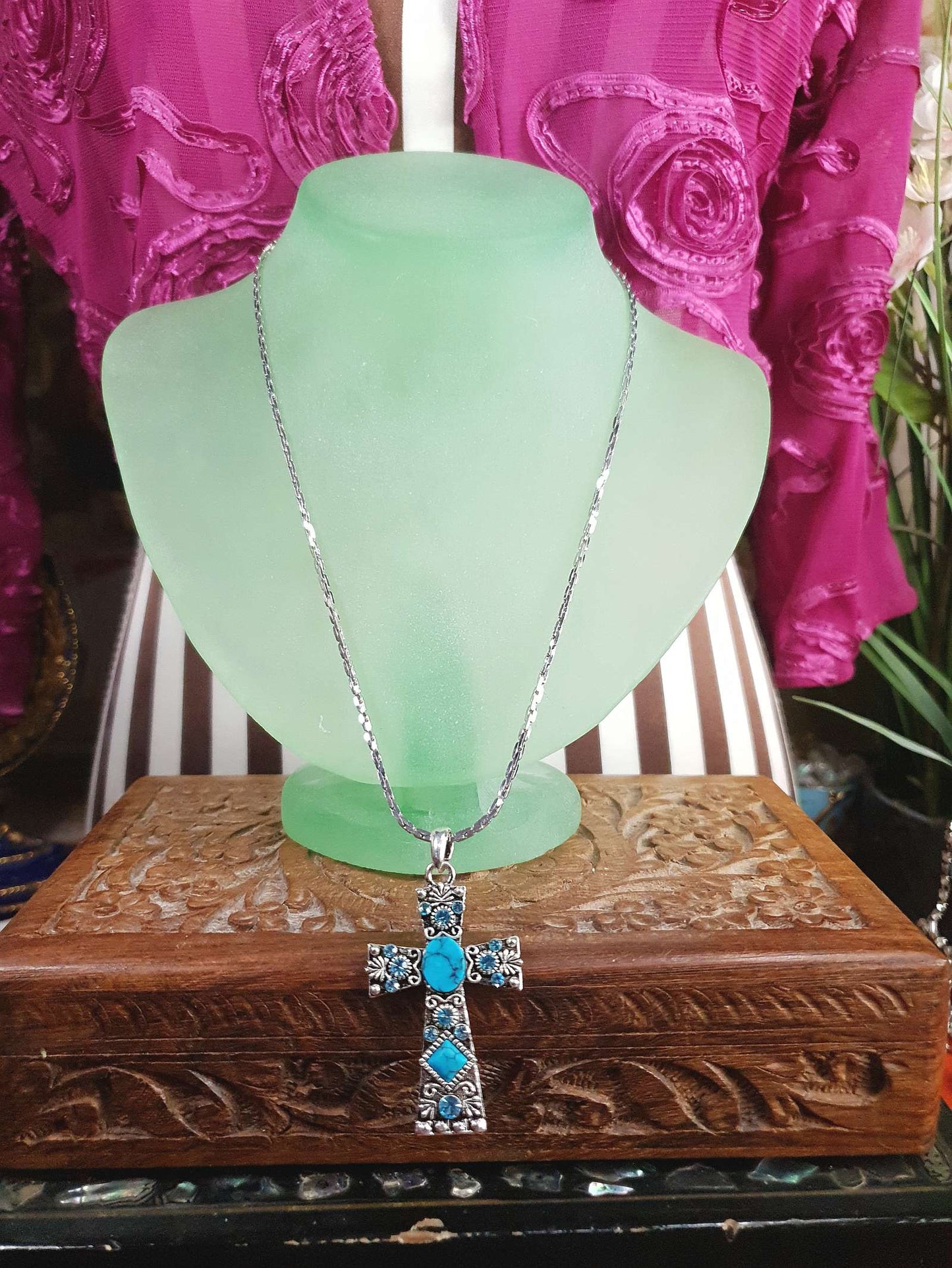 1980s Vintage Blue Rhinestone Cross Boho Necklace Pendant 18" Turquoise