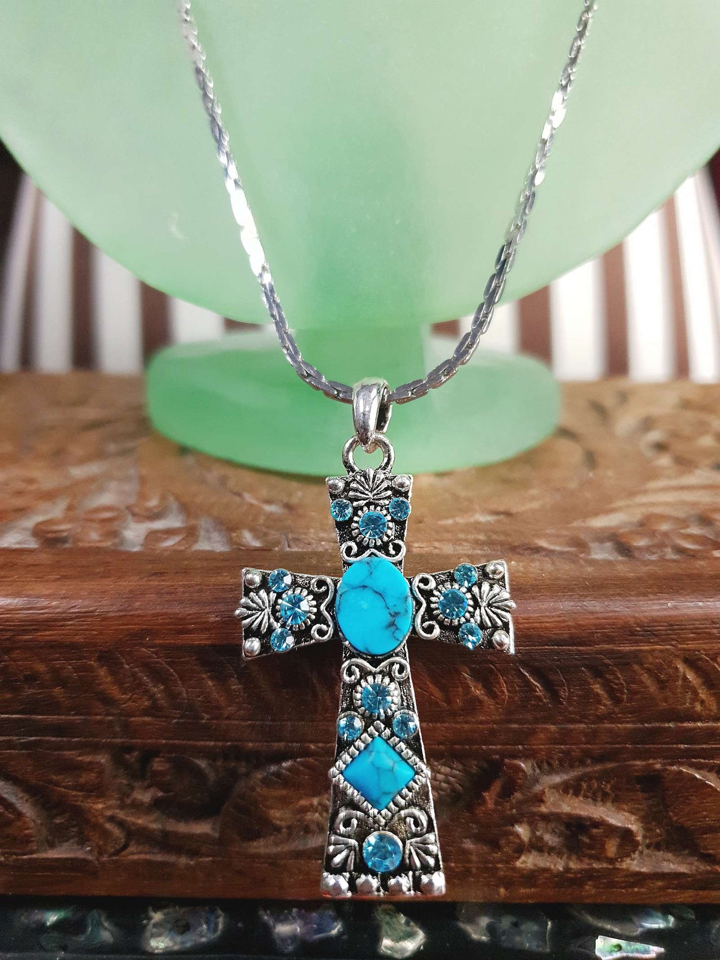 1980s Vintage Blue Rhinestone Cross Boho Necklace Pendant 18" Turquoise