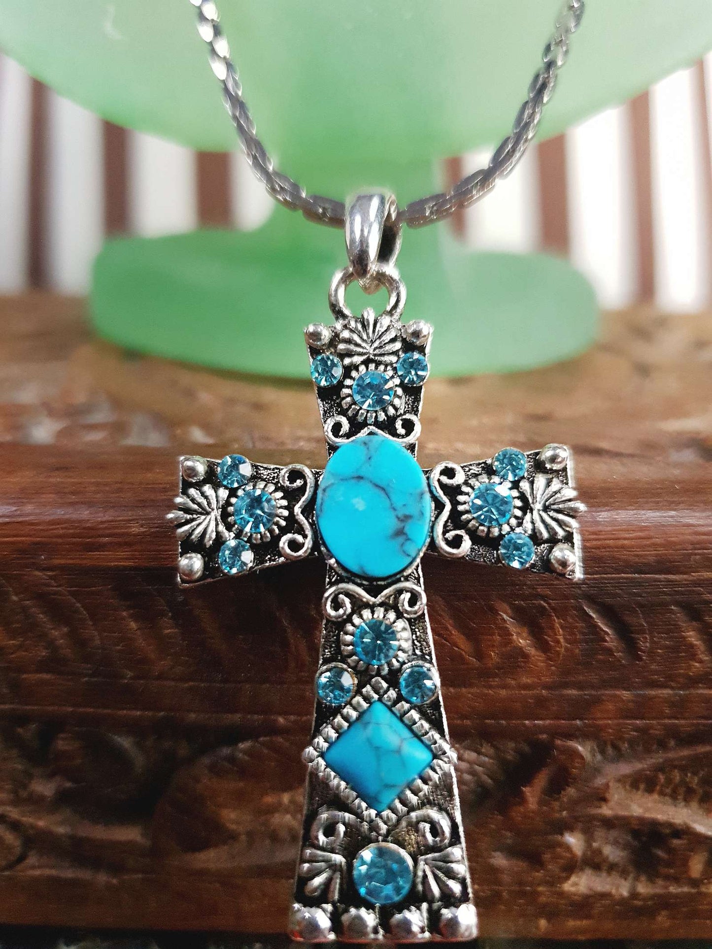 1980s Vintage Blue Rhinestone Cross Boho Necklace Pendant 18" Turquoise