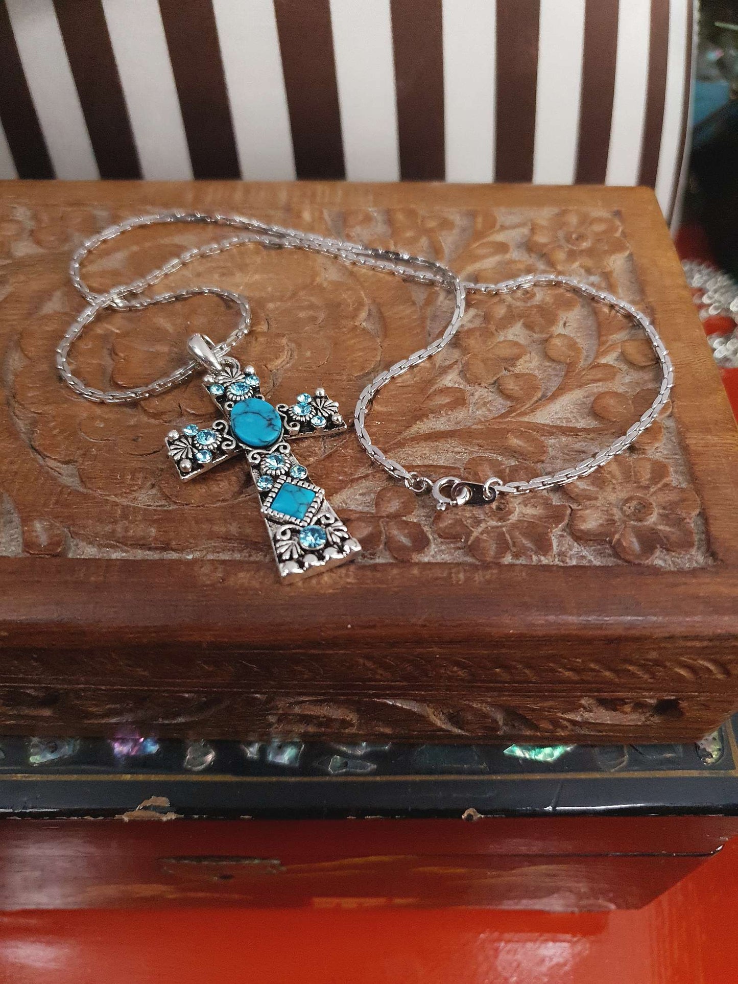 1980s Vintage Blue Rhinestone Cross Boho Necklace Pendant 18" Turquoise