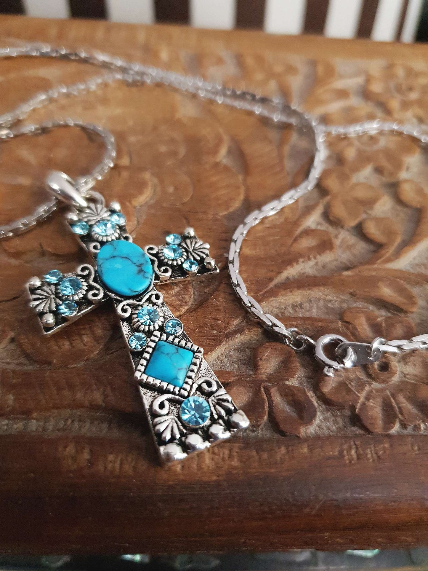 1980s Vintage Blue Rhinestone Cross Boho Necklace Pendant 18" Turquoise