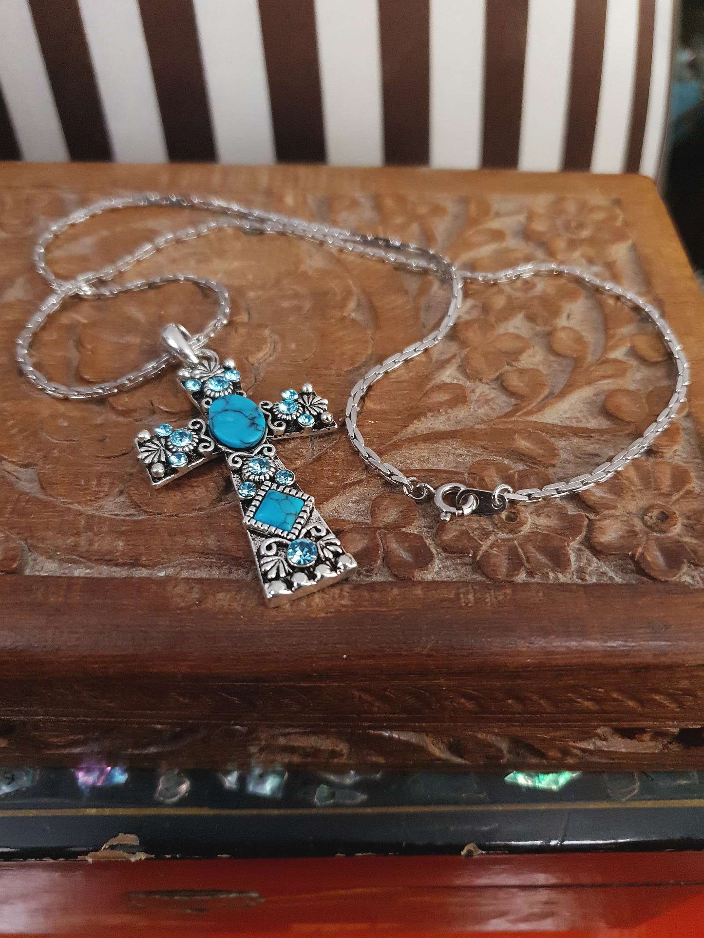 1980s Vintage Blue Rhinestone Cross Boho Necklace Pendant 18" Turquoise