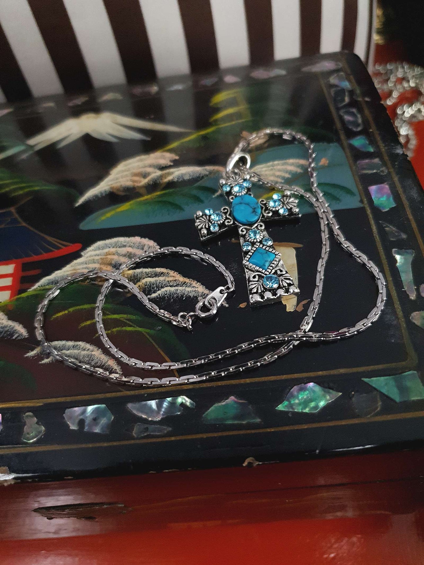 1980s Vintage Blue Rhinestone Cross Boho Necklace Pendant 18" Turquoise