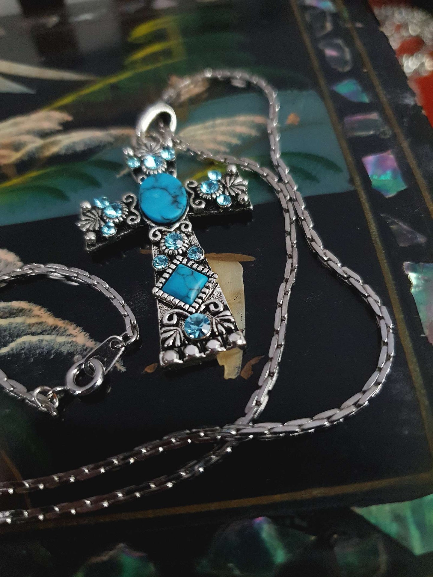 1980s Vintage Blue Rhinestone Cross Boho Necklace Pendant 18" Turquoise
