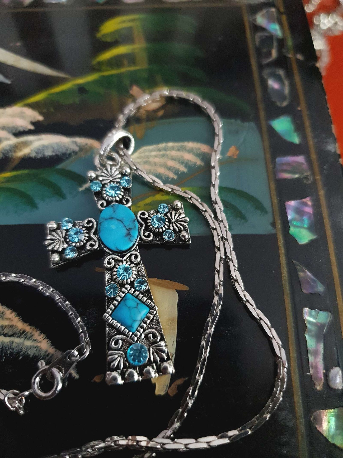 1980s Vintage Blue Rhinestone Cross Boho Necklace Pendant 18" Turquoise