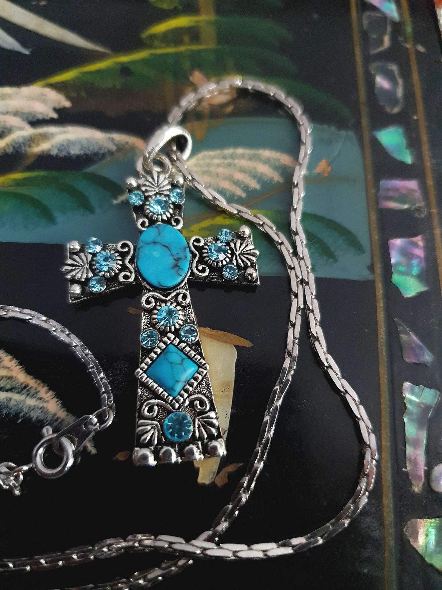 1980s Vintage Blue Rhinestone Cross Boho Necklace Pendant 18" Turquoise