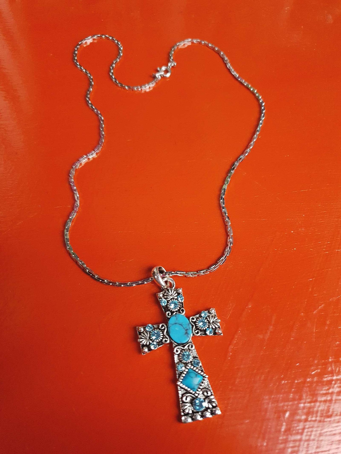 1980s Vintage Blue Rhinestone Cross Boho Necklace Pendant 18" Turquoise