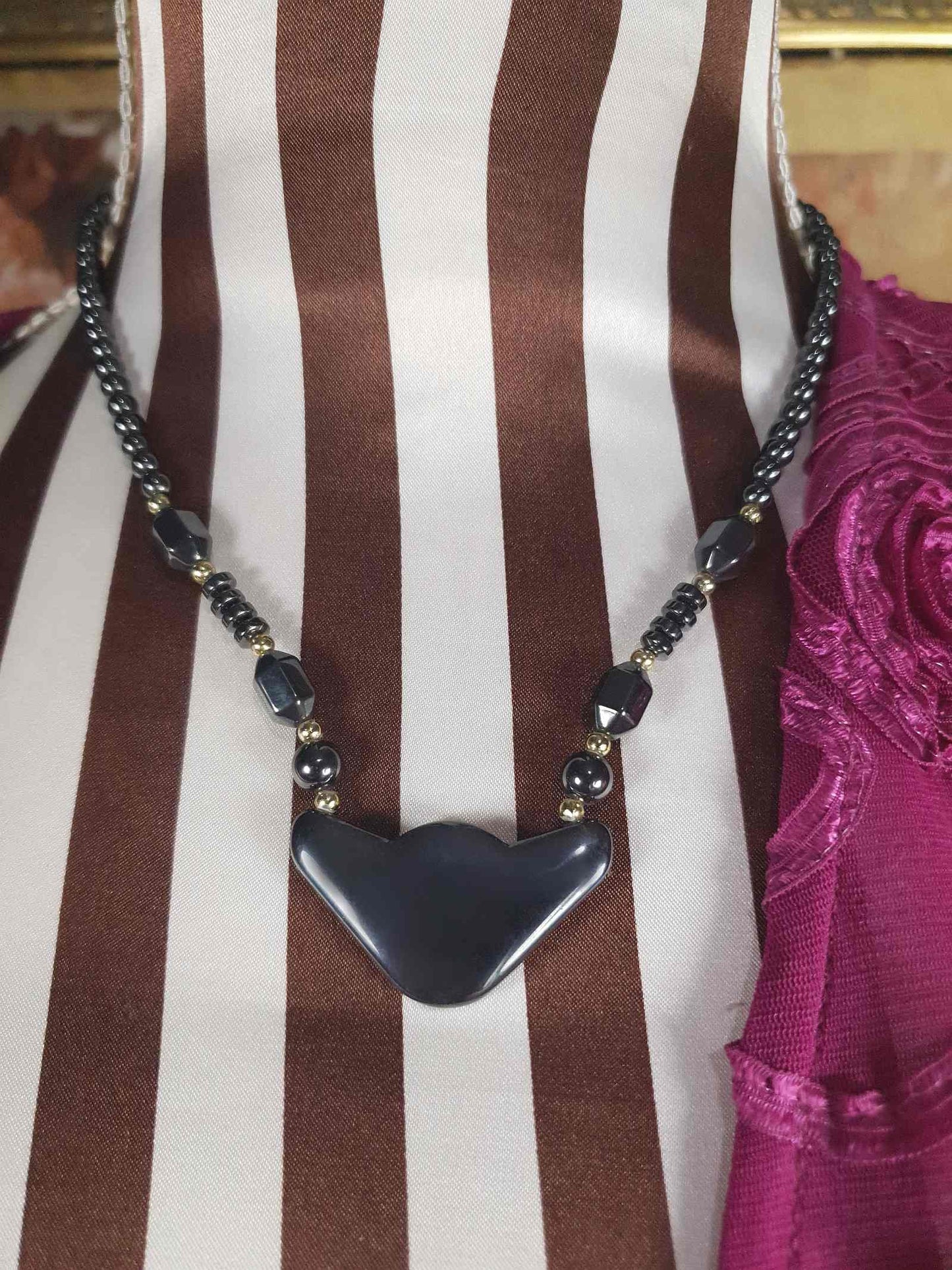 1980s Vintage Hematite Gemstone Necklace Dark Grey