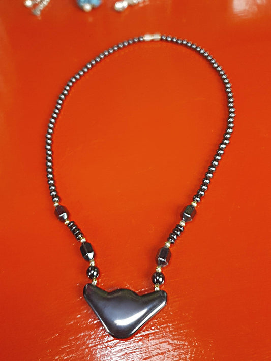 1980s Vintage Hematite Gemstone Necklace Pendant Dark Grey