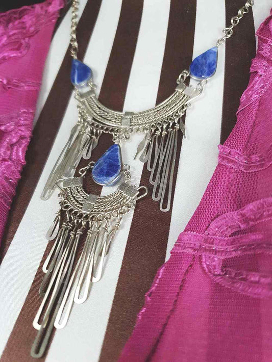 1980s Vintage Sodalite Boho Bib Necklace Bohemian Gemstone