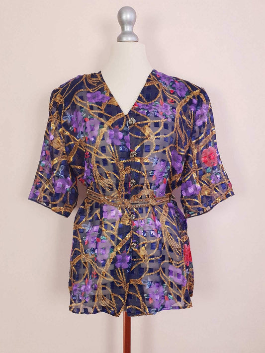 Vintage 1980s Floral Chiffon Blouse Top Navy Blue Flower Rope Print - Size 16