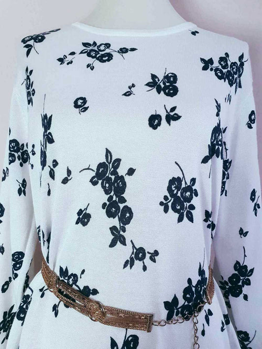 Vintage 1980s White and Black Rose Floral Jumper Sweater - Size 20
