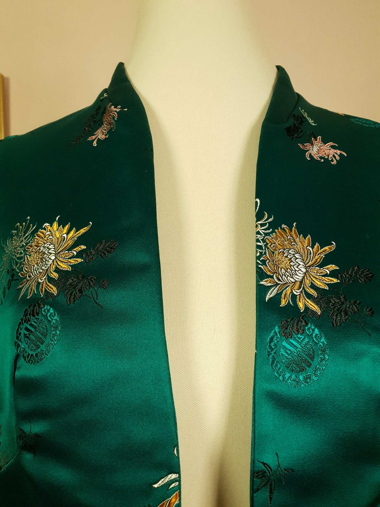 Vintage 1980s Green Chinese Silk Bolero Jacket Floral Oriental Size 8/10