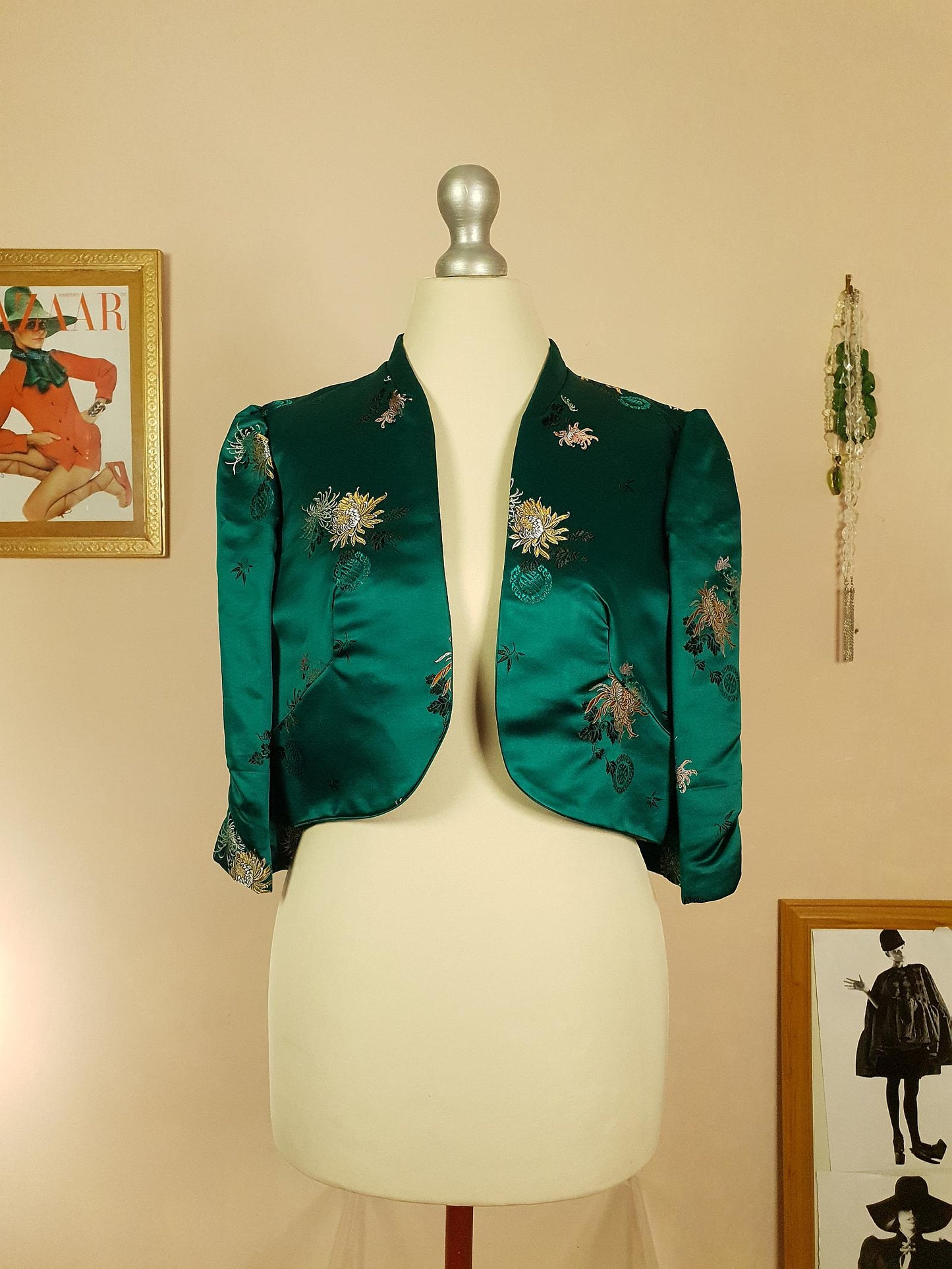 Vintage 1980s Green Chinese Silk Bolero Jacket Floral Oriental Size 8/10