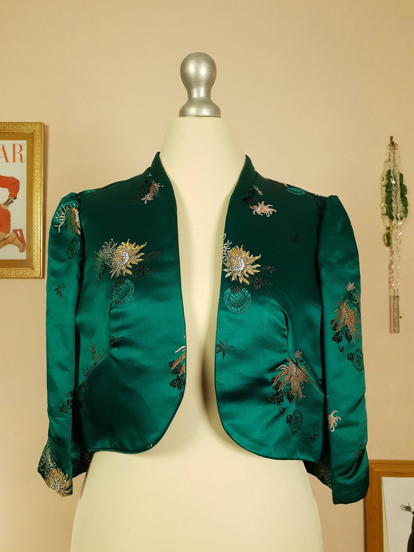 Vintage 1980s Green Chinese Silk Bolero Jacket Floral Oriental Size 8/10