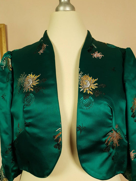Vintage 1980s Green Chinese Silk Bolero Jacket Floral Oriental Size 8/10