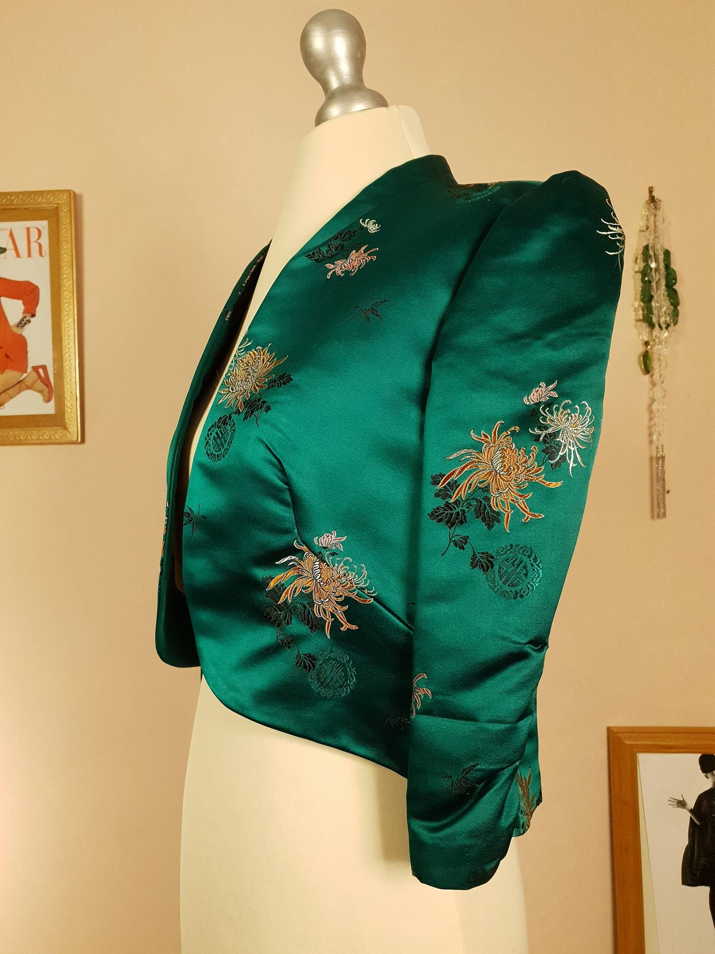 Vintage 1980s Green Chinese Silk Bolero Jacket Floral Oriental Size 8/10