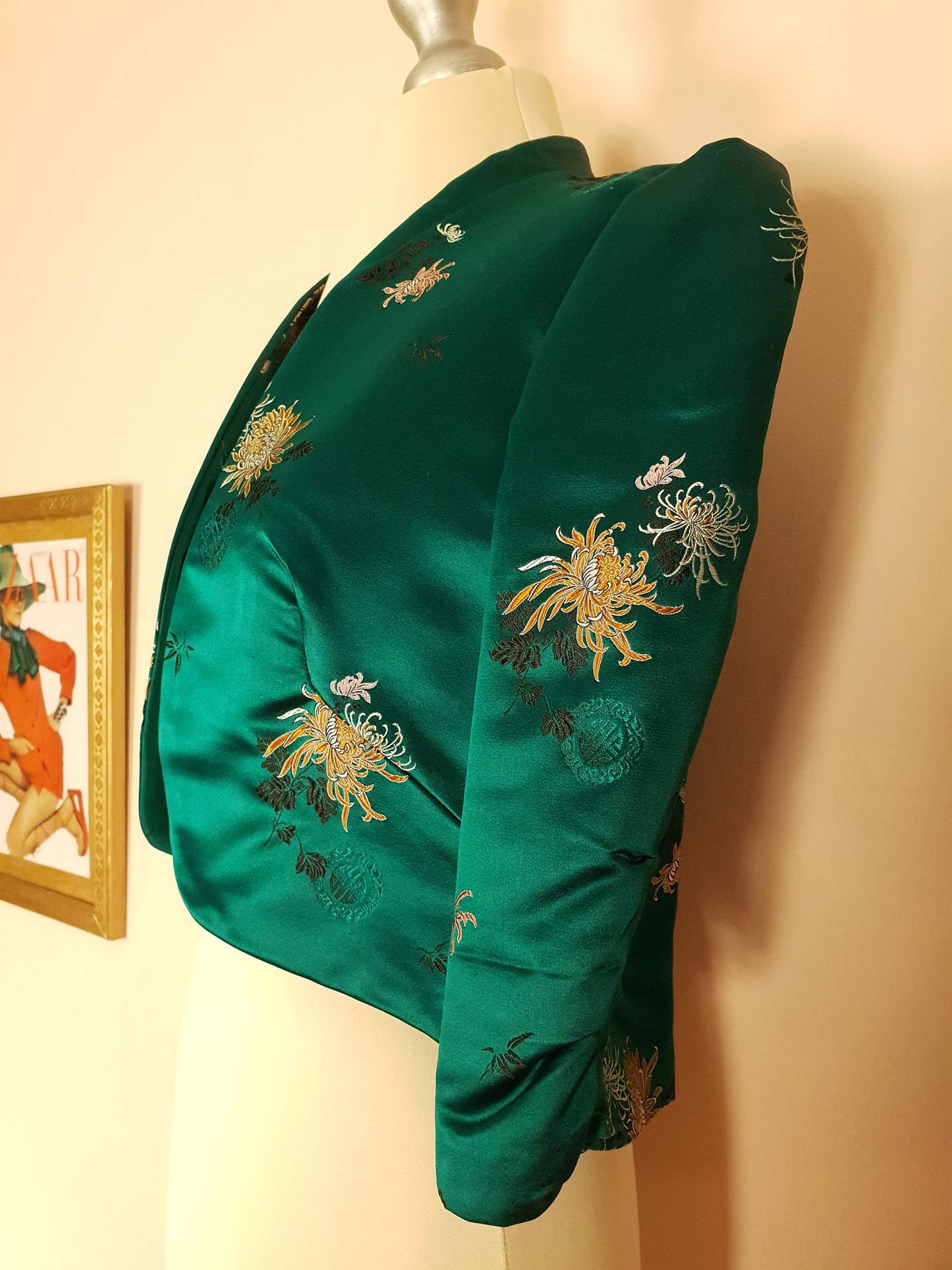 Vintage 1980s Green Chinese Silk Bolero Jacket Floral Oriental Size 8/10