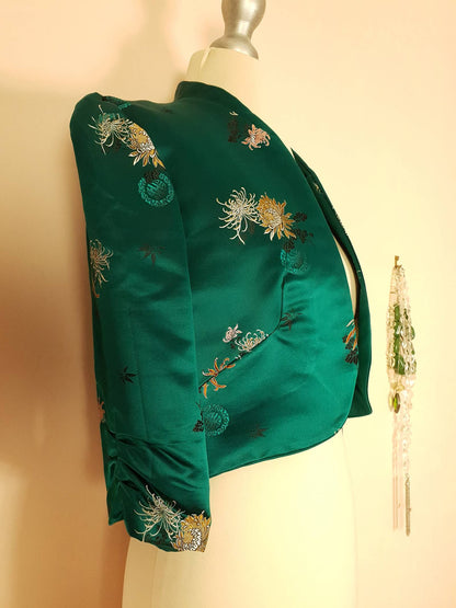 Vintage 1980s Green Chinese Silk Bolero Jacket Floral Oriental Size 8/10