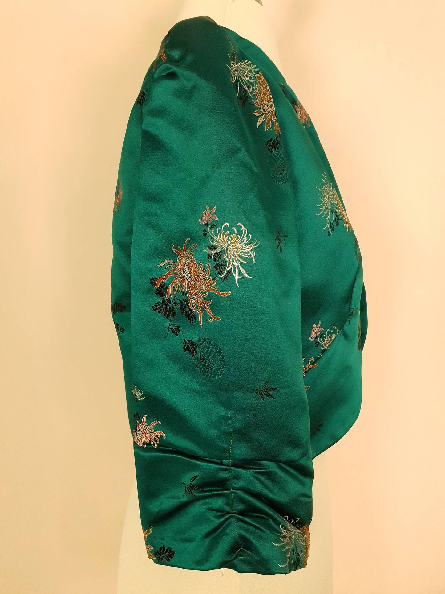 Vintage 1980s Green Chinese Silk Bolero Jacket Floral Oriental Size 8/10