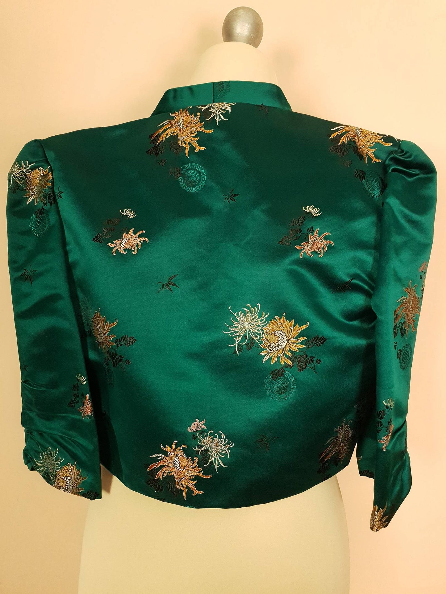 Vintage 1980s Green Chinese Silk Bolero Jacket Floral Oriental Size 8/10