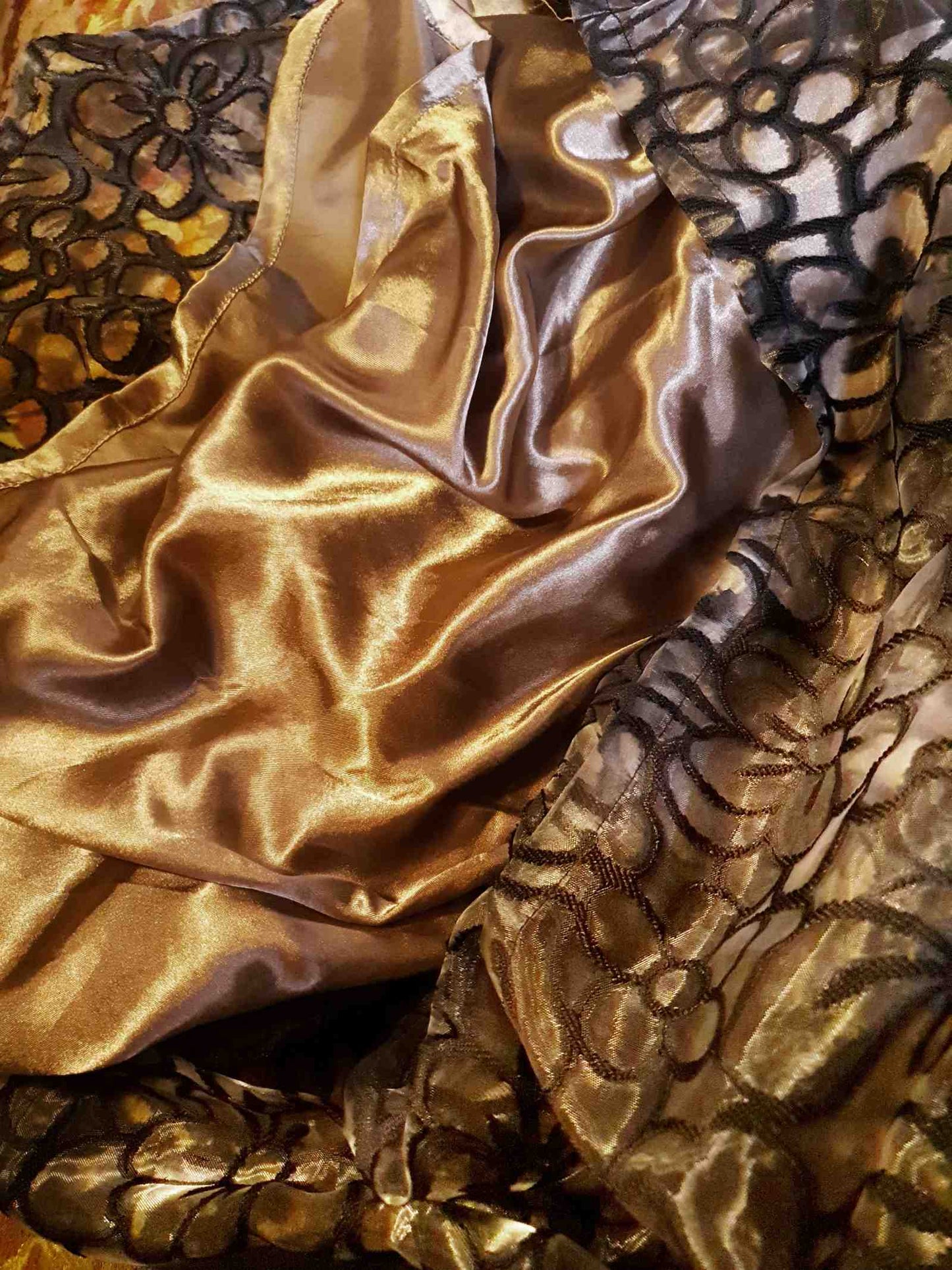 Elegant 1980s Floral Organza and Bronze Satin Layered Maxi Evening Skirt - Size 8/10/12