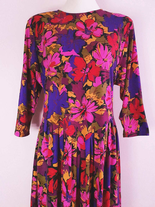 Vintage Purple Pink Floral Dress 1980s - Size 16 Midi Retro