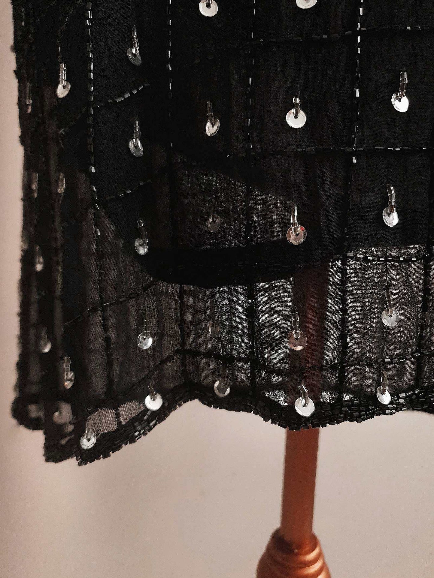Vintage Black Sequin Bead Mini Dress Baby Doll 1980s Beaded Evening Party Cocktail - Size 10
