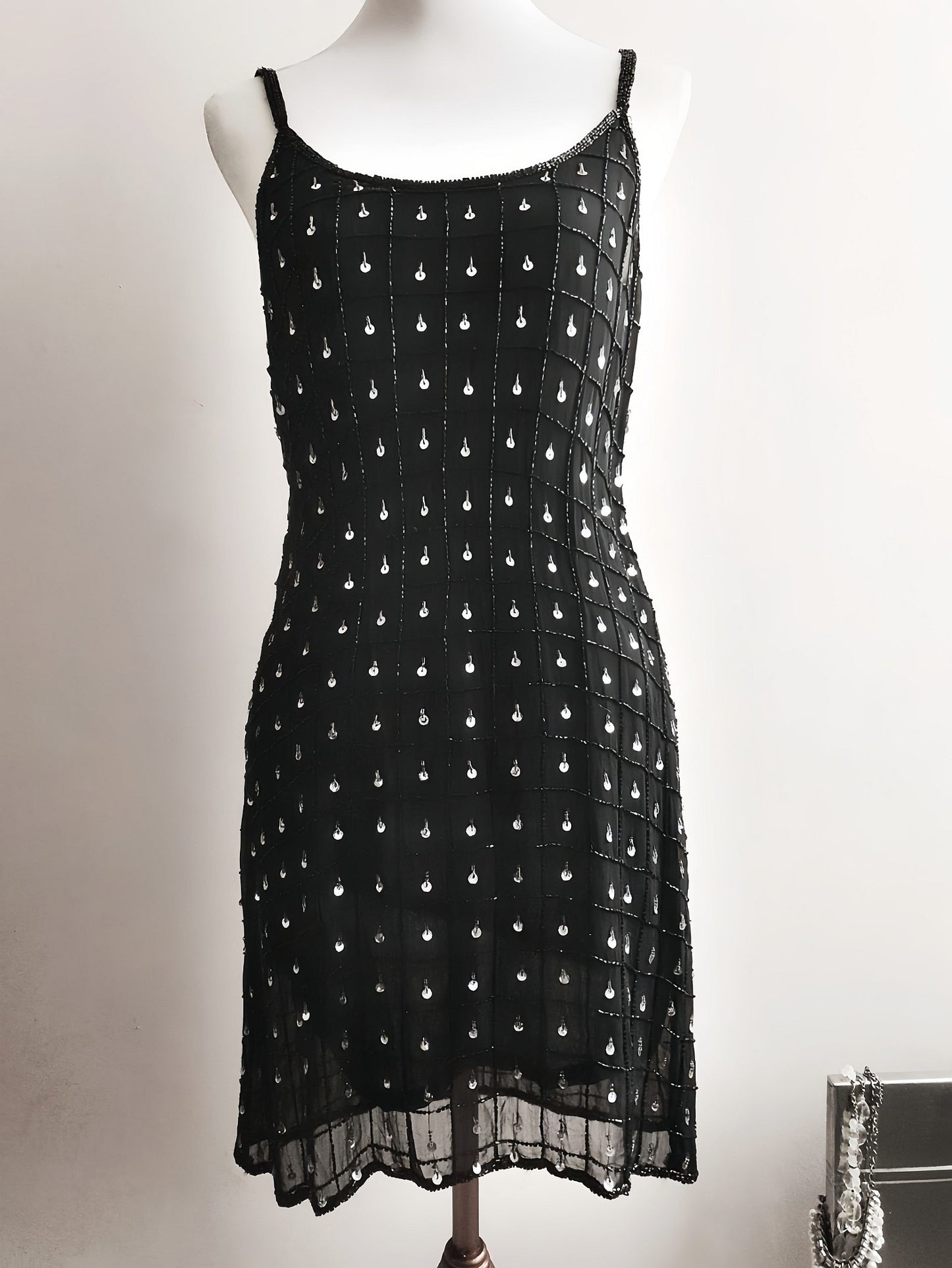 Vintage Black Sequin Bead Mini Dress Baby Doll 1980s Beaded Evening Party Cocktail - Size 10