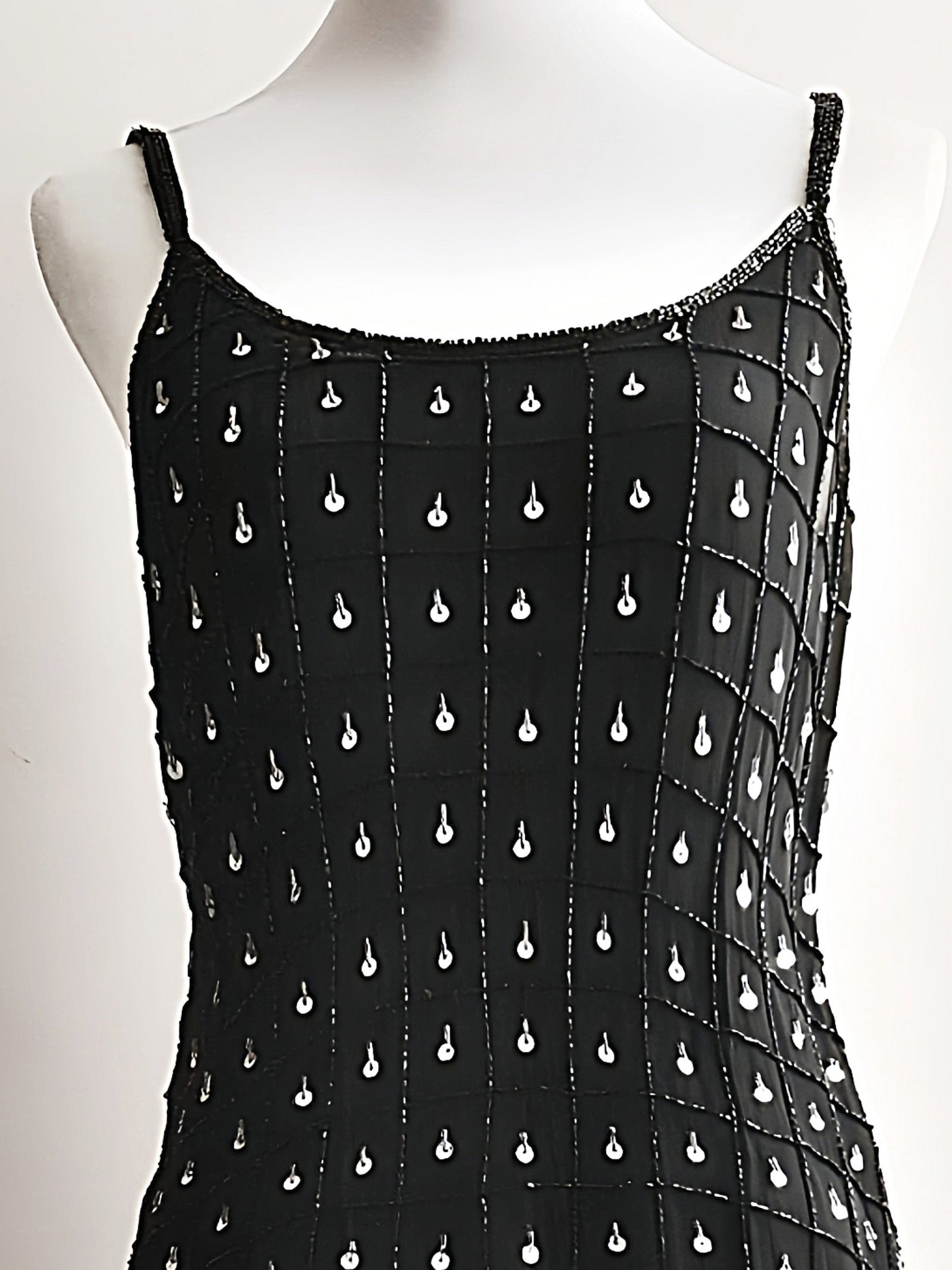 Vintage Black Sequin Bead Mini Dress Baby Doll 1980s Beaded Evening Party Cocktail - Size 10
