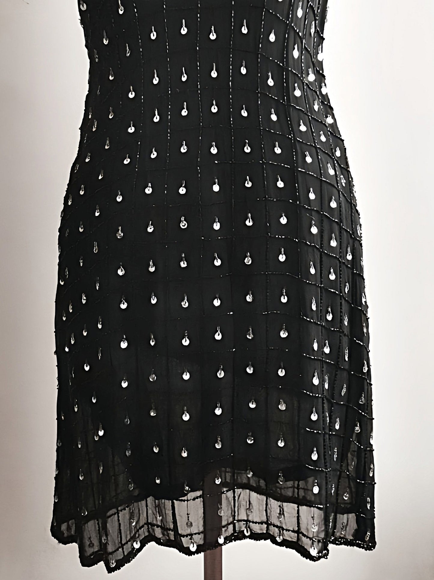 Vintage Black Sequin Bead Mini Dress Baby Doll 1980s Beaded Evening Party Cocktail - Size 10