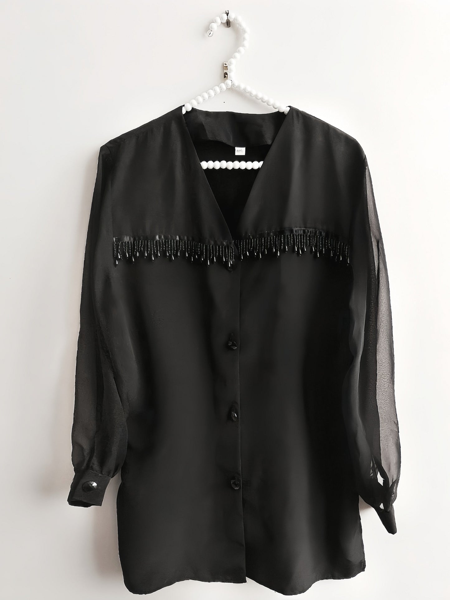 Vintage Black Chiffon Shirt Beaded Blouse 1980s Size 16 / 18 Beach