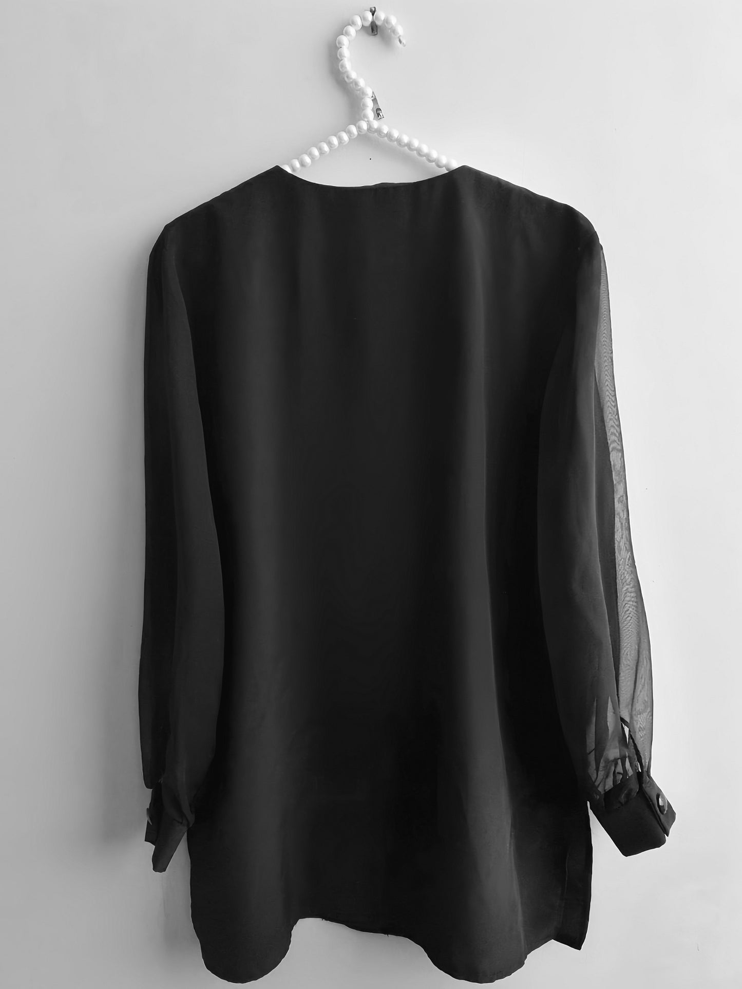Vintage Black Chiffon Shirt Beaded Blouse 1980s Size 16 / 18 Beach