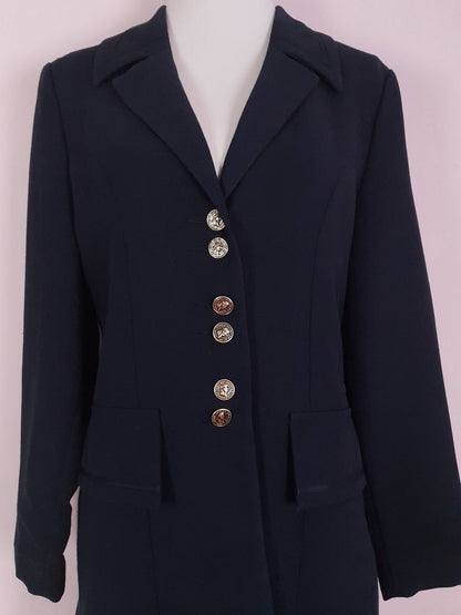 Vintage 1980s Black Jacket 3/4 Length Longline Blazer Coin Buttons Retro