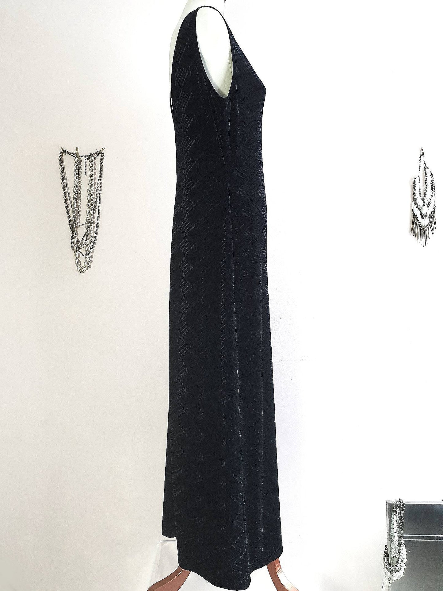 Vintage Black Velvet Dress 1980s Evening Cocktail Party Maxi - Size 14