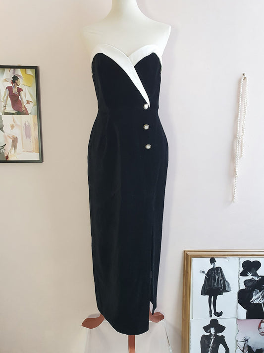 1980s Vintage Black Velvet Strapless Cocktail Dress - Size 10