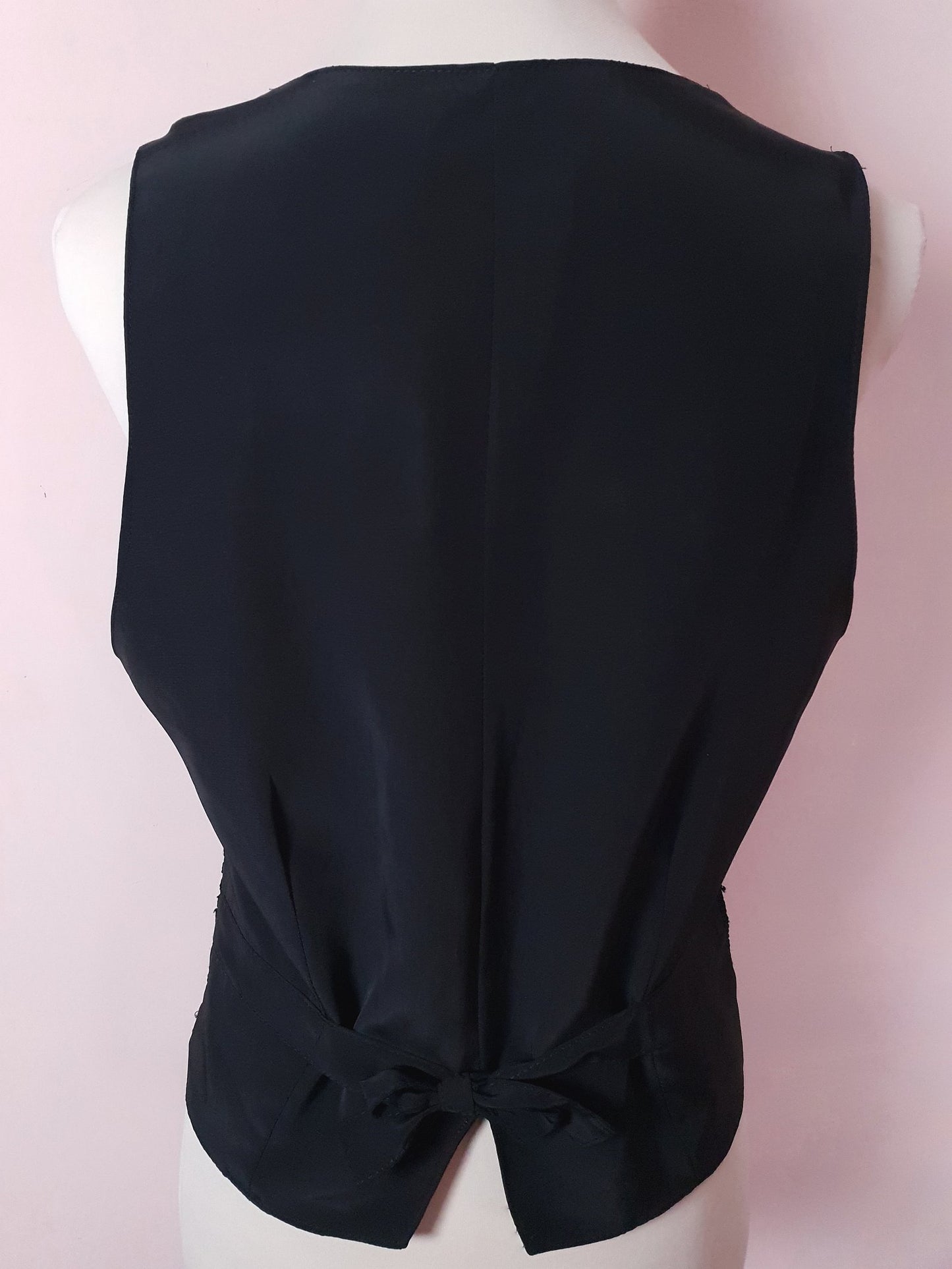 Chic 1980s Vintage Black Satin & Crochet Beaded Waistcoat Vest - Size 14
