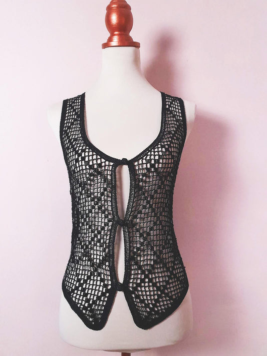 Vintage Black Crochet Beaded Waistcoat Vest Satin Ladies 1980s - Size 14