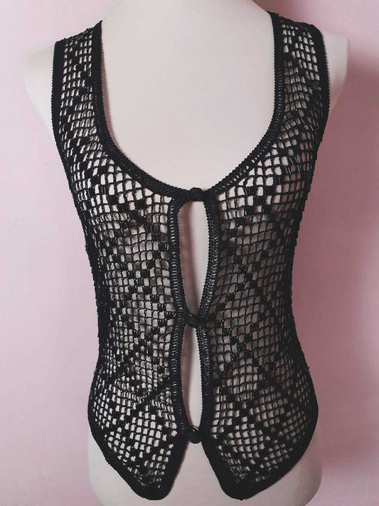 Vintage Black Crochet Beaded Waistcoat Vest Satin Ladies 1980s - Size 14