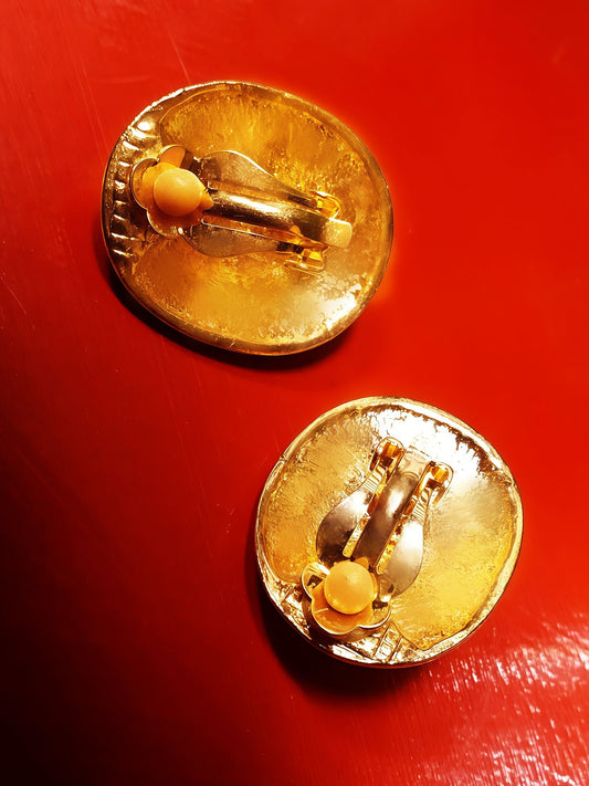 1980s Vintage Faux Pearl Statement Earrings Clip On Rhinestone Oval Gold Tone