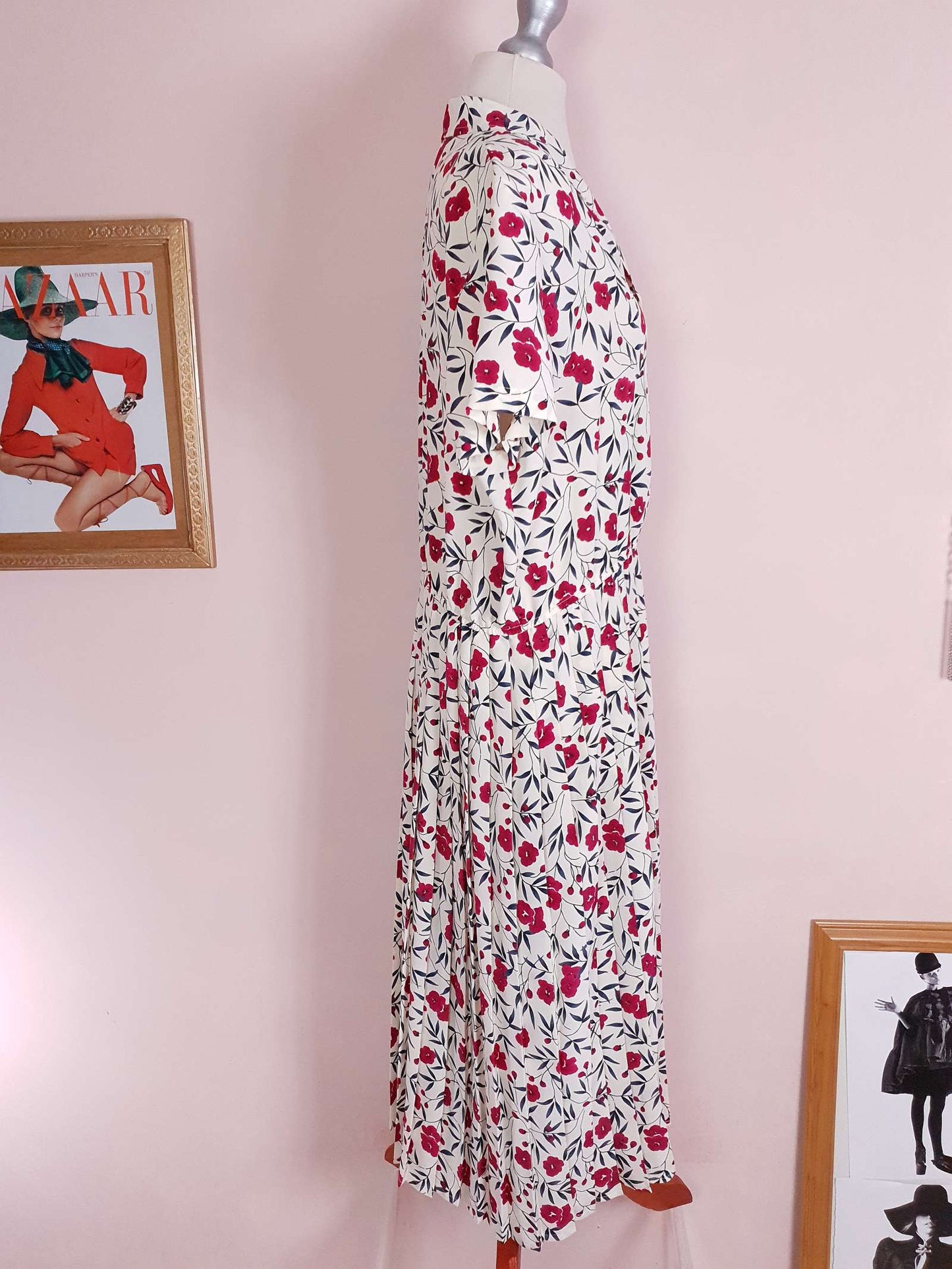 Vintage 1980s Floral Pleated Maxi Dress Red Flower Summer Retro Size 18
