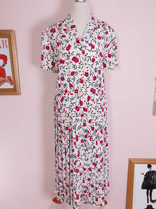 1980s Vintage Floral Pleated Maxi Dress Red Flower Summer Retro Size 18