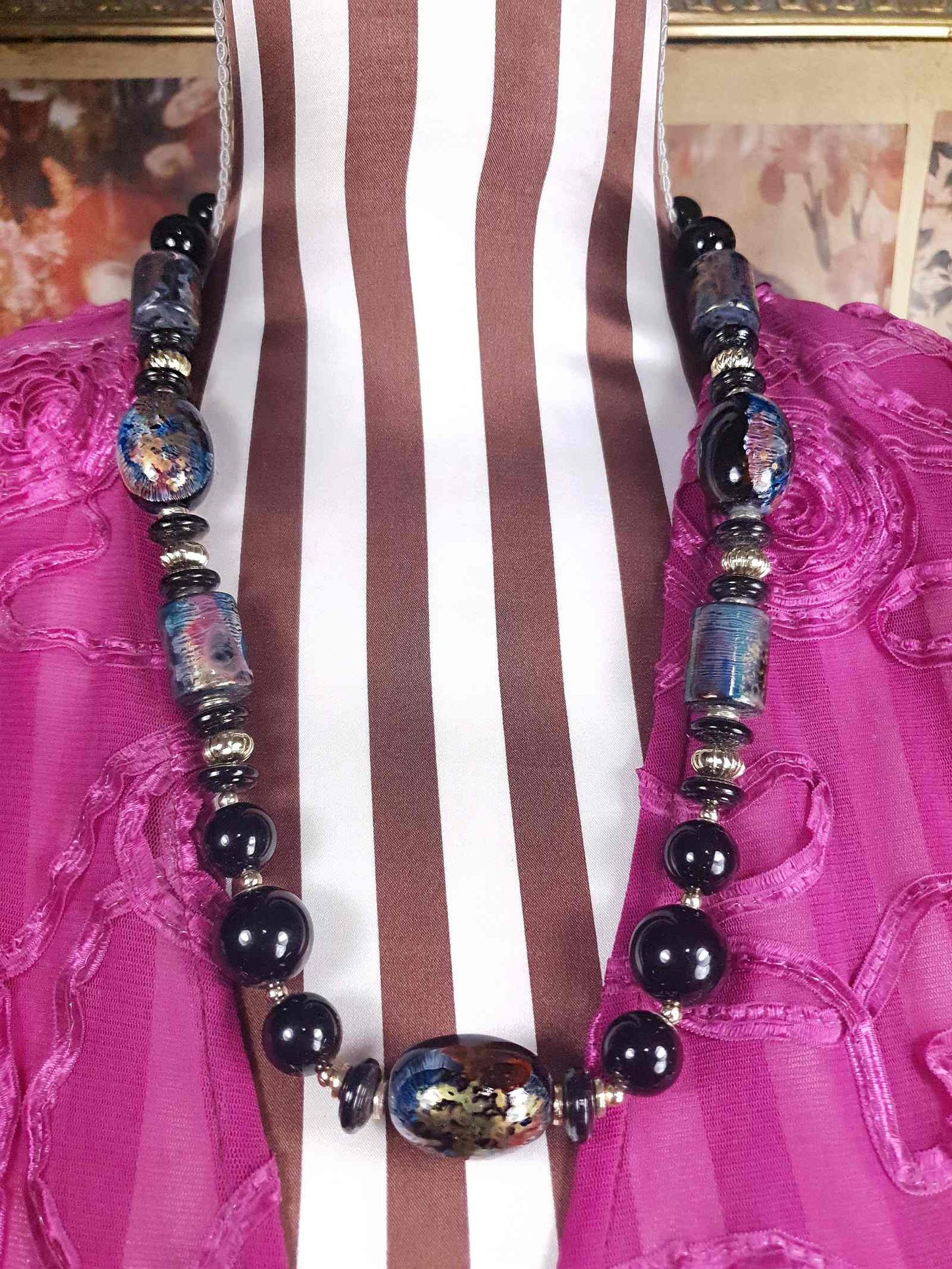 Vintage Hand Painted Black Bead Necklace 25" Retro 1980s
