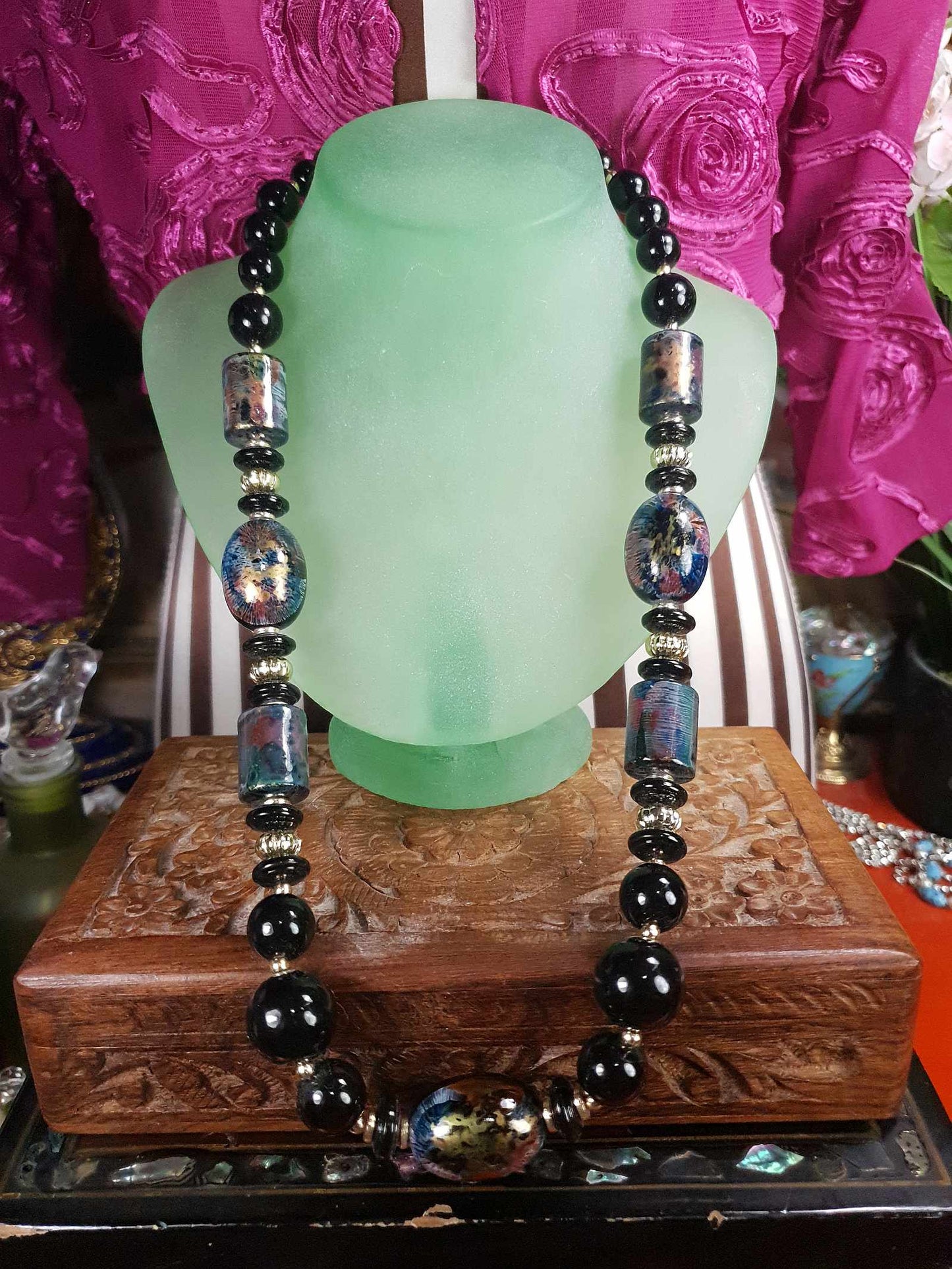 Vintage Hand Painted Black Bead Necklace 25" Retro 1980s