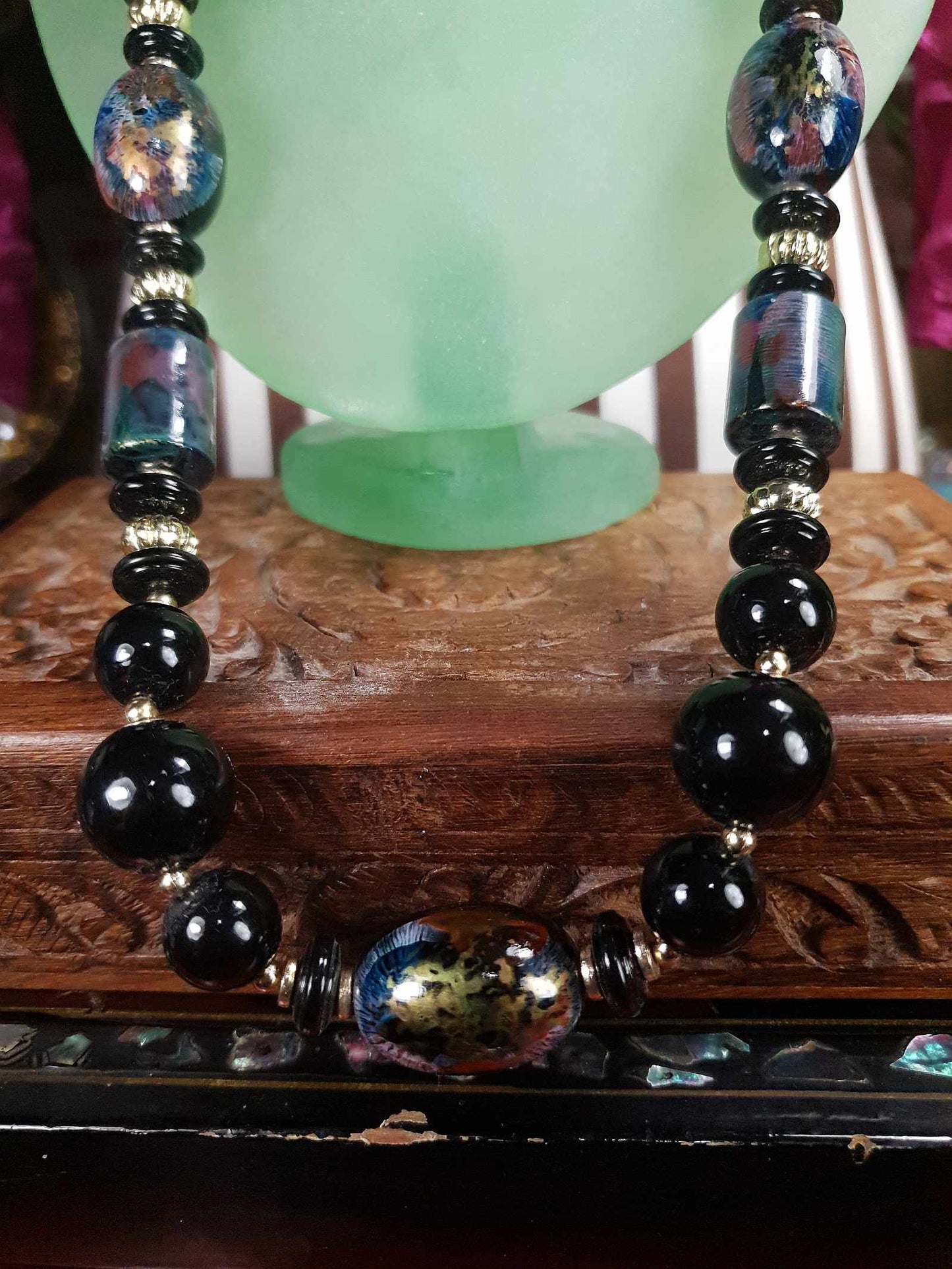 Vintage Hand Painted Black Bead Necklace 25" Retro 1980s