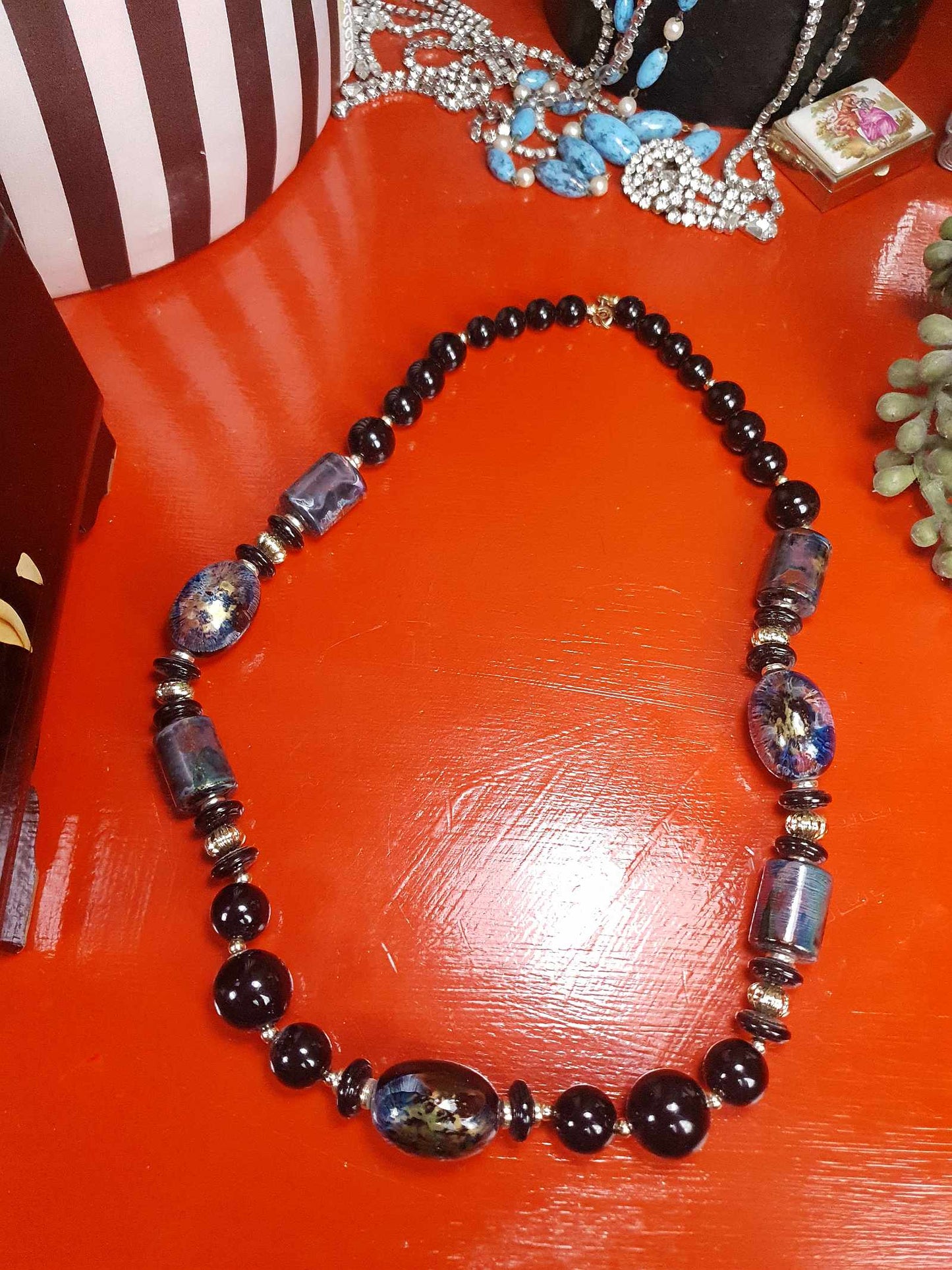Vintage Hand Painted Black Bead Necklace 25" Retro 1980s